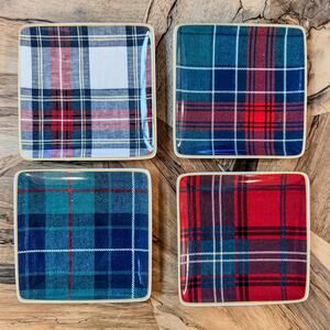 Williams-Sonoma, Gold Banded Tartan Plaid Square Salad Plates-Set of 4- 5.5"